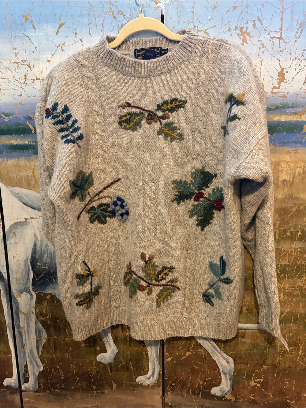 Eddie Bauer Light Gray Cable-Knit Sweater with Green & Blue Botanical Embroidery